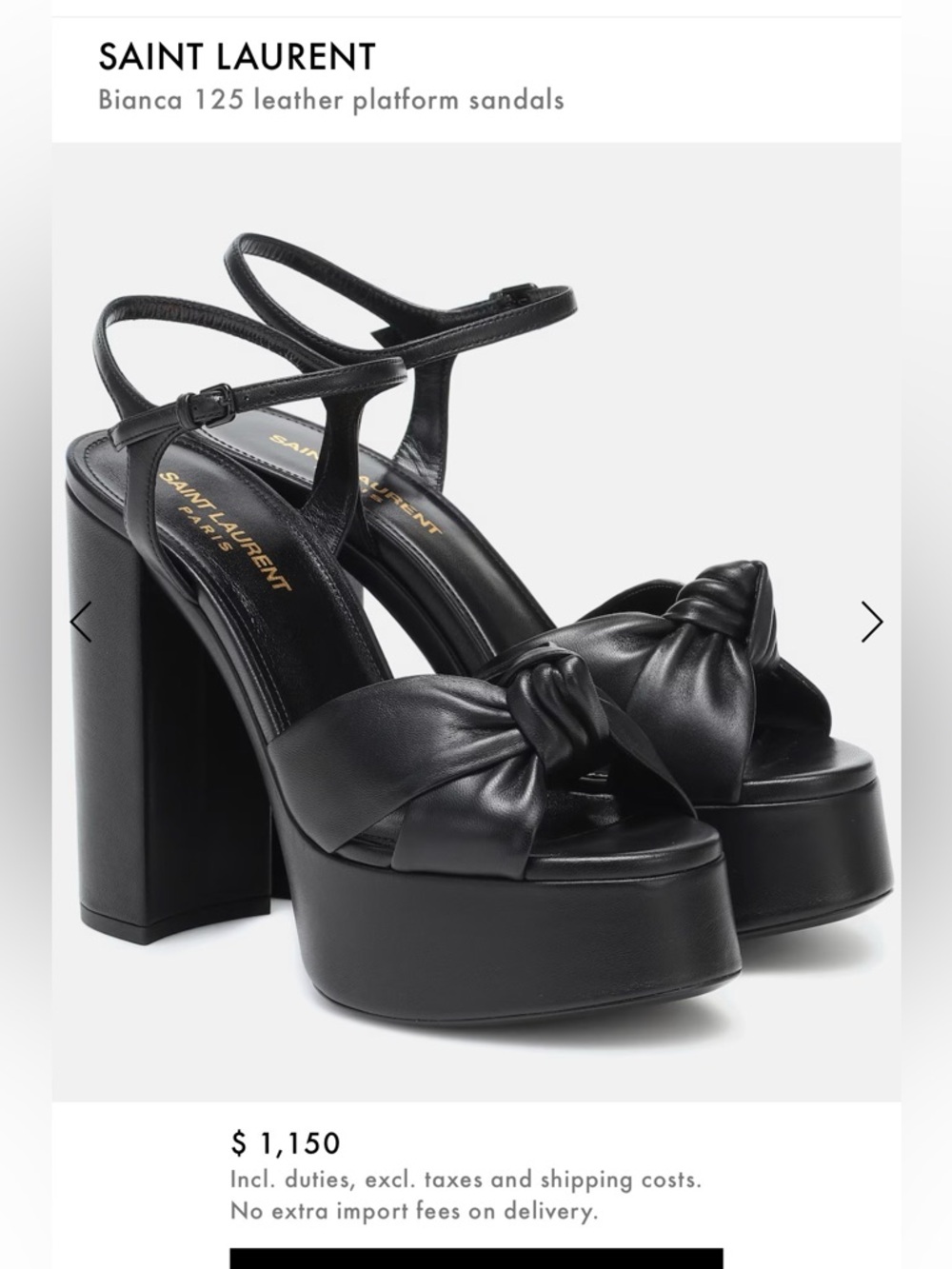 Saint Laurent Bianca 125 Black Knot-Front Leather Platform Sandals Sz 35